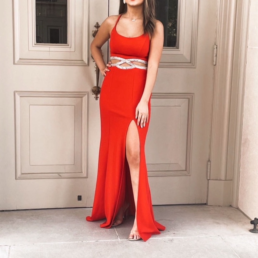 Red prom dress with side slit
